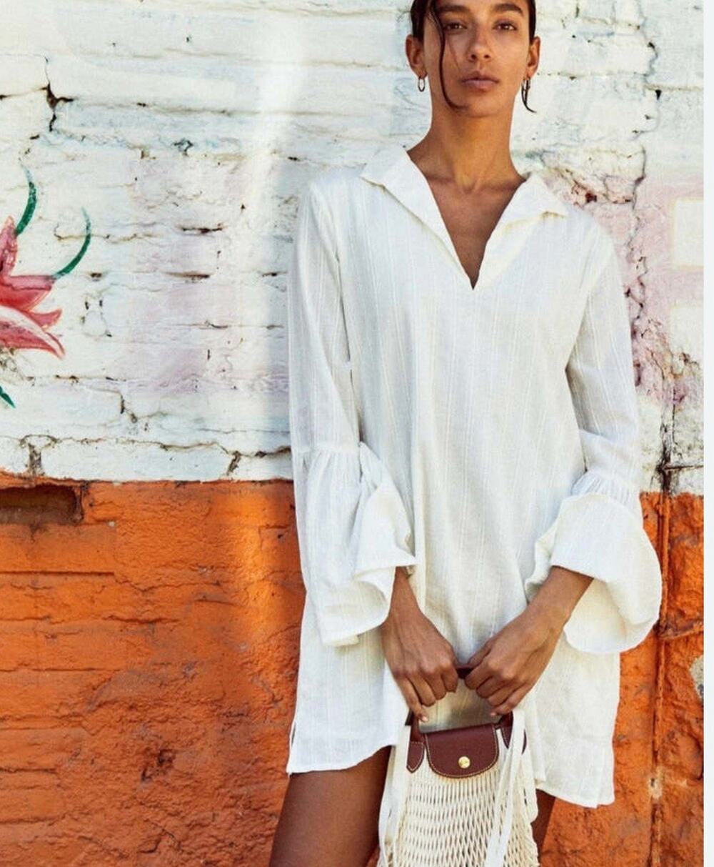 Mille Chloe Dress Creamy White Loose Fit Swing Bell Sleeves Open Collar Size M